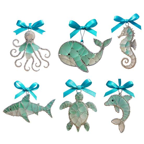 Yousheng Coastal Christmas Ornaments Ocean Themed Sea Glass Ornaments Acrylic Seahorse Dolphin Turtle Nautical Xmas Tree Ornament for Home Party Decor