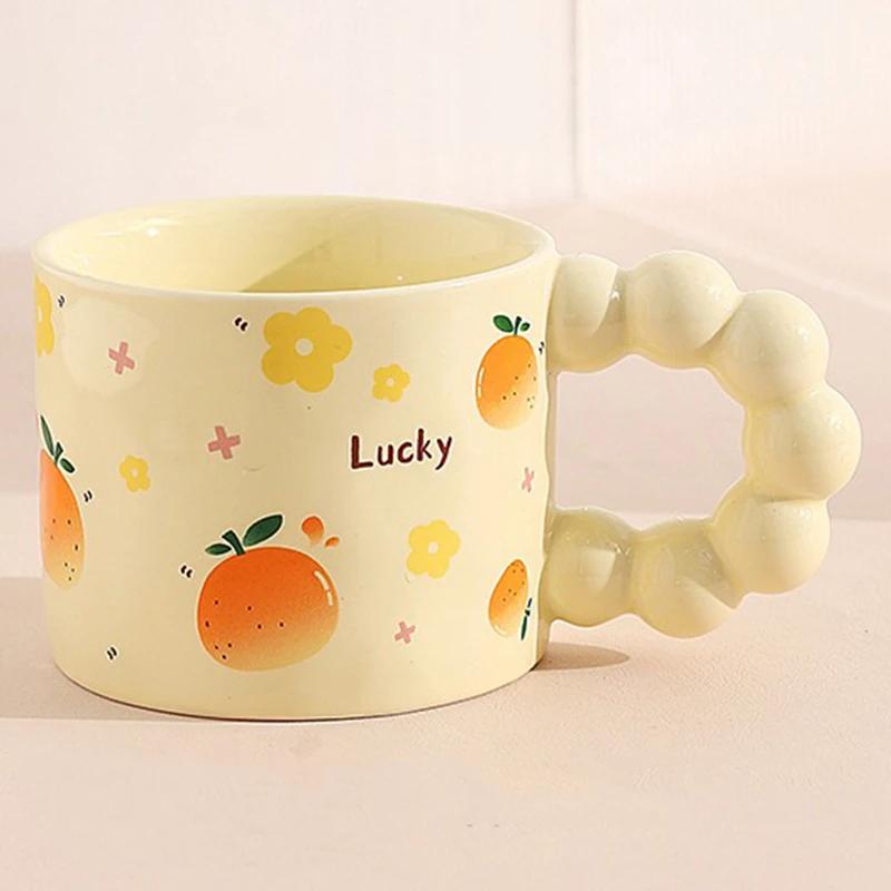 330ML Japanese Style Ceramic Coffee Cup Cute Fruit Pattern Milk Tea Cup Water Mug with Anti-slip Handle Coffee Cup Birthday Gift