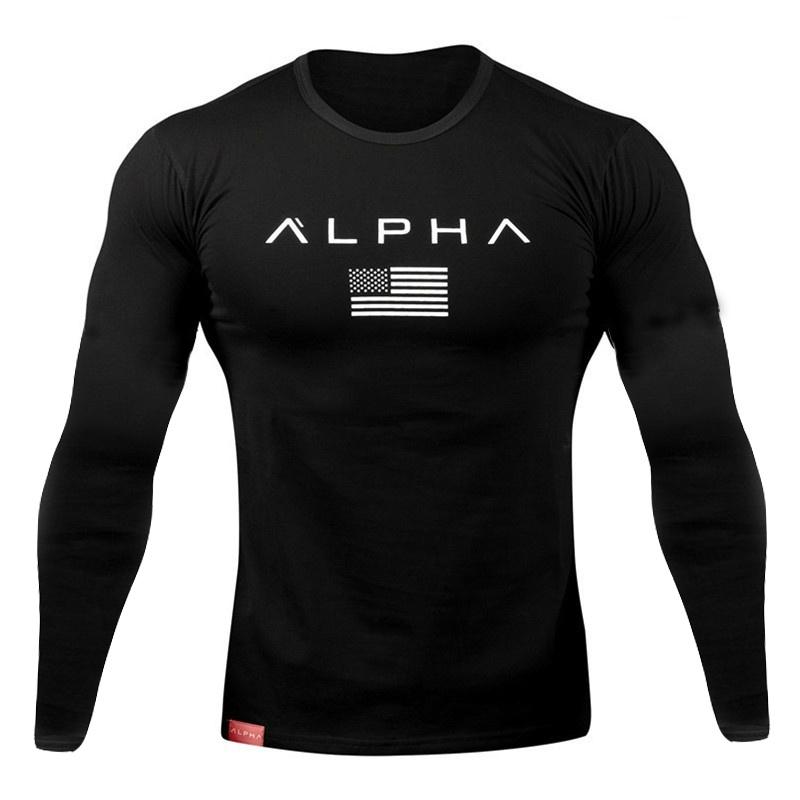 Men Long Sleeves Letter Printed T-Shirt Fitness Tees Outdoor Sport Running Climbing Tights Bodybuilding Muscle Gym Train Compression Shirt