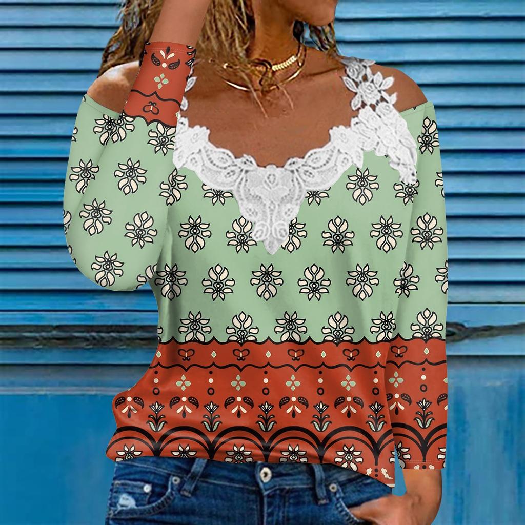 Модный кружевной пуловер с V-образным вырезом, длинный рукав, полосатый принт, однотонная повседневная футболка