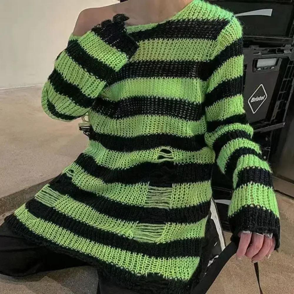 New Goth Punk Gothic Sweater Oversized Pullovers Women Striped Cool Hollow Out Hole Broken Jumper Harajuku Aesthetics Sweater