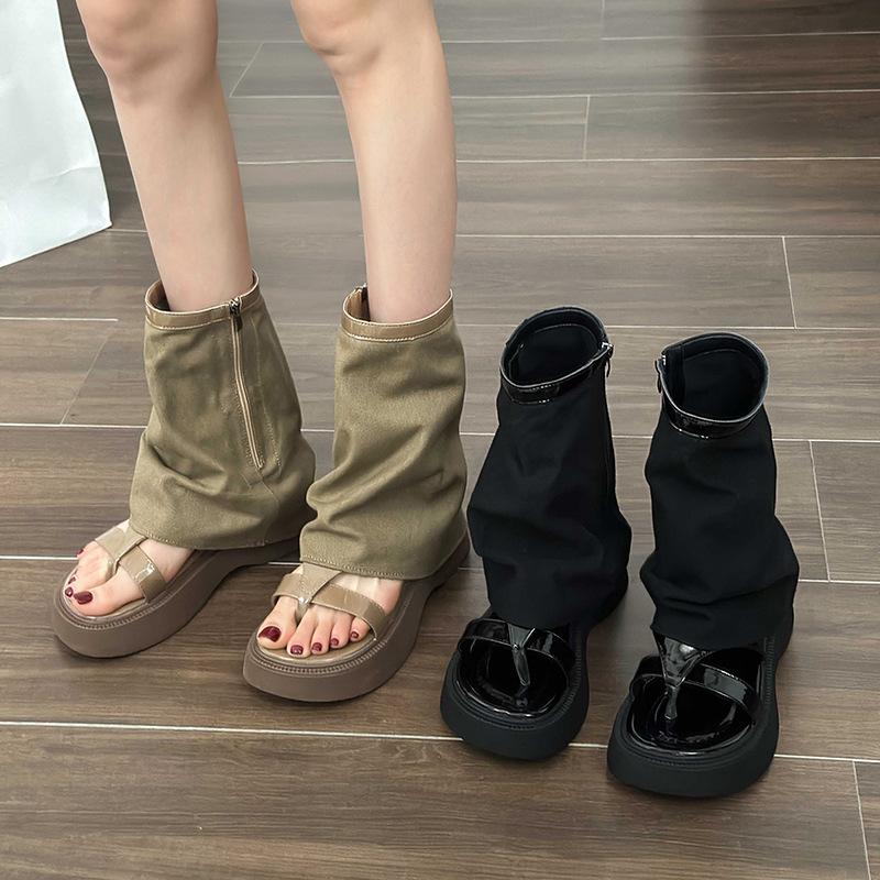 2024 новые темные брюки-клёш из денима на толстой подошве, классные ботинки, женские сапоги с открытым носком, но до колена