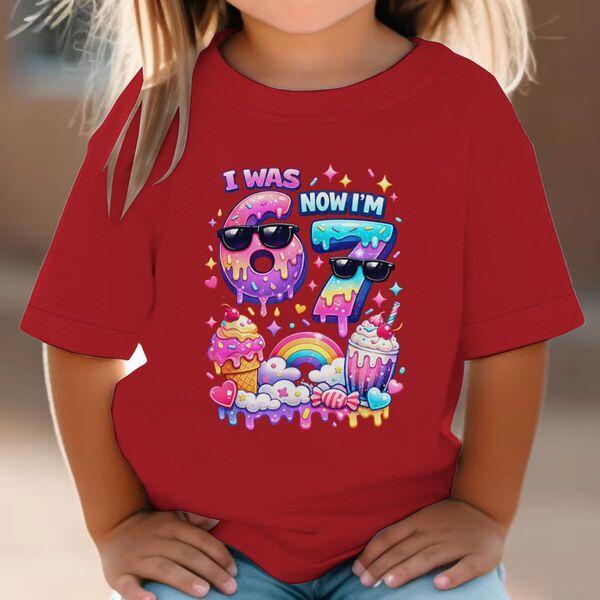 I Was 6 Now Im 7 Birthday Tshirt Girls Boys Casual Short Sleeve TShirt Candy Ice Cream Girls Tee Kids Number 6 7 Cotton Tees