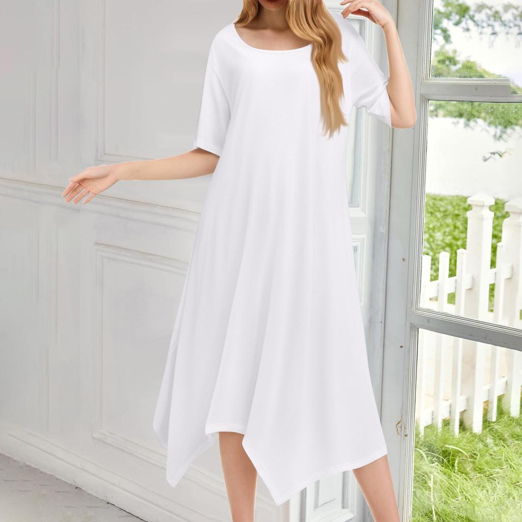 Женское повседневное модное платье миди с круглым вырезом и коротким рукавом, однотонное, с неровным подолом