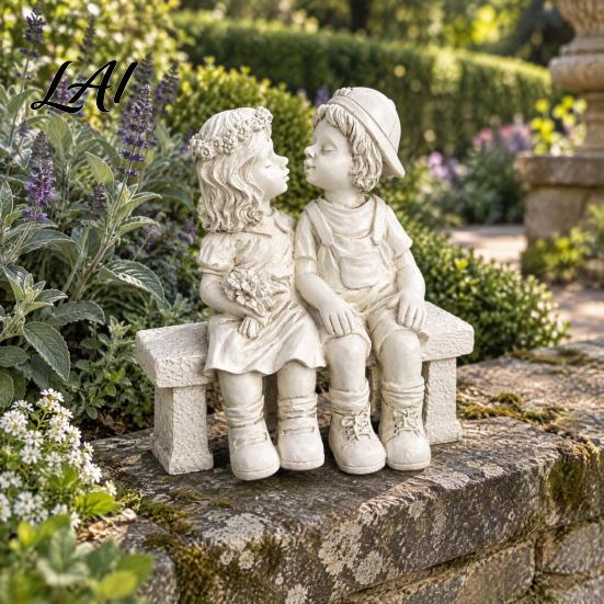 Vintage Craftsmanship Ornaments Kissing Boy and Girl Garden Figurine Romantic Statue with Outdoor Landscape Decoration Bench/Stone Retro Art