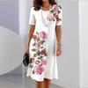 Fashion Womens Loose Pink Roses Print O Neck Short Sleeve Loose Streetwear A-line Dress