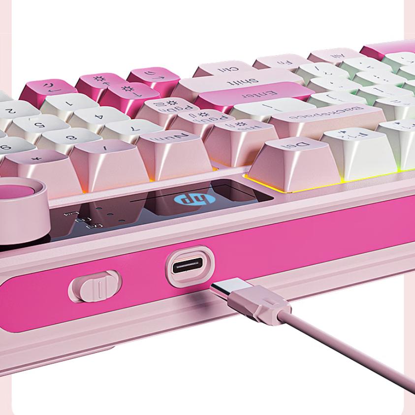 HP K500F Mechanical Feel Wired Keyboard, Quiet Multifunctional Knob for Office, Pink, 98-Key Layout