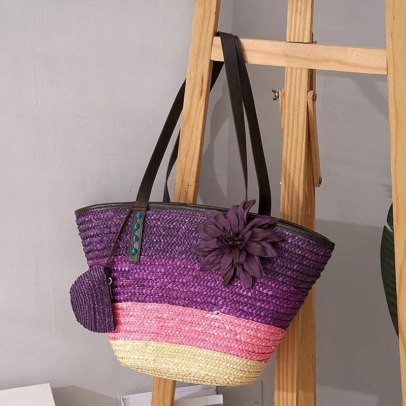 Knitted Straw Bag Summer Flower Bohemia Fashion Women's Handbags Color Stripes Shoulder Bags Beach ARI