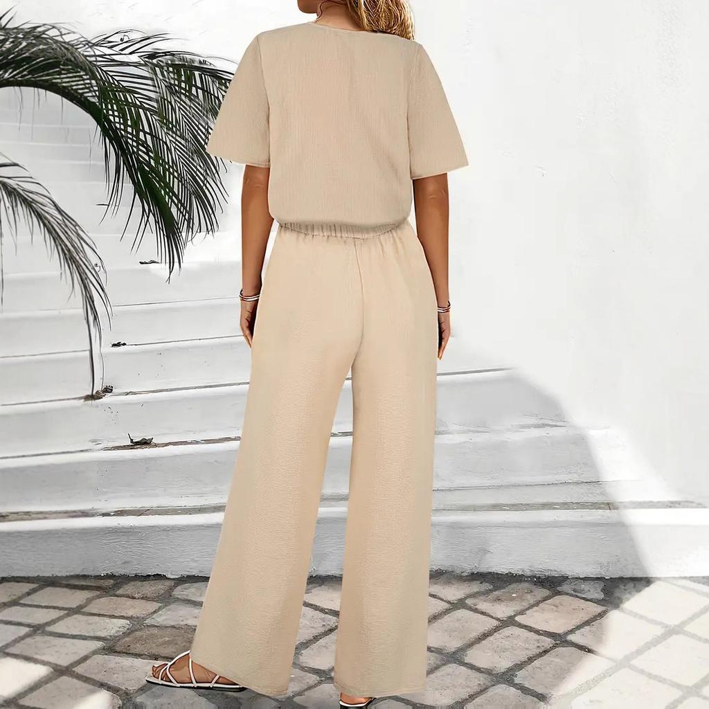 Fashionable V-neck Pullover, Stylish and Slimming Short-sleeved Top, Casual Long Pants Set