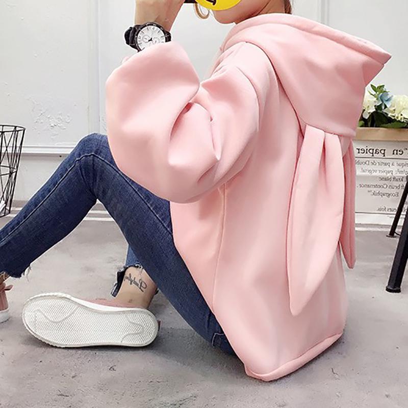 Женская однотонная толстовка с кроличьими ушками на капюшоне