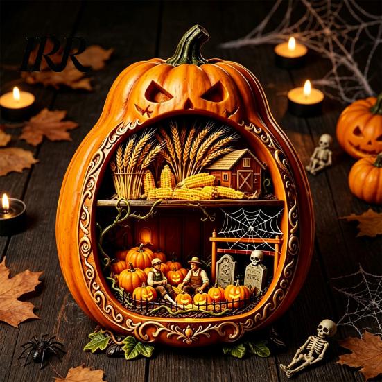 Halloween Cobweb Decorations Centerpiece Pumpkin, Wooden Pumpkin Ornament with Miniature Scenes, Rustic Ornaments Skeleton for Farmhouse Home