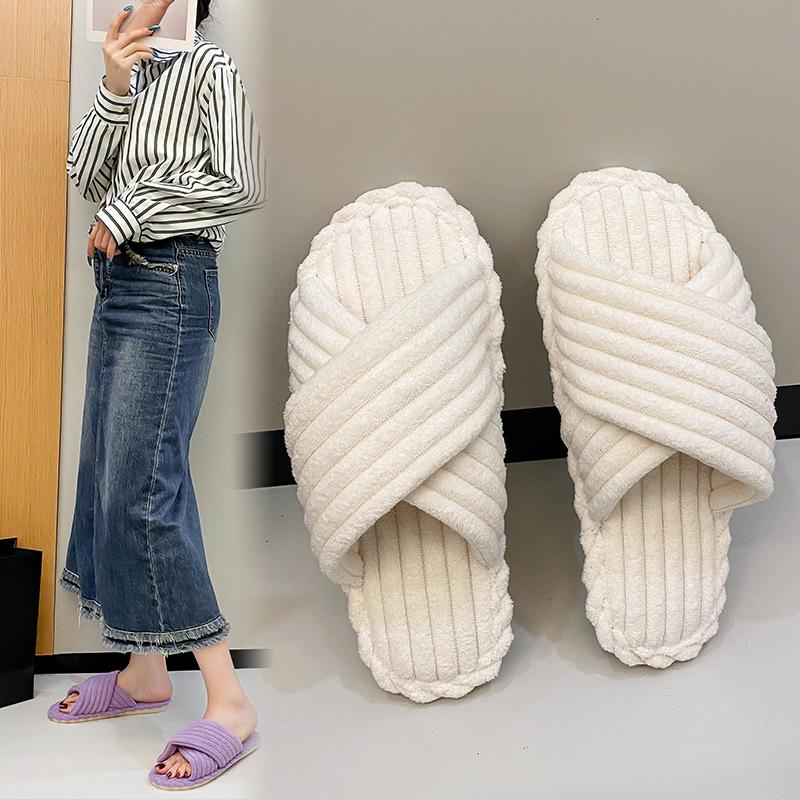 2024 зимние женские повседневные домашние тапочки вельветовые пушистые туфли тапочки с перекрестным дизайном женские мягкие теплые плюшевые тапочки