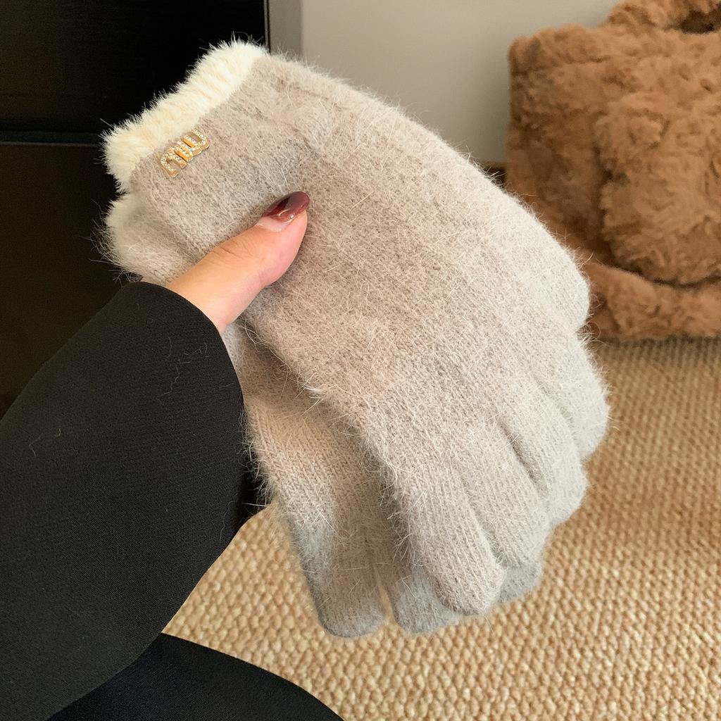 Мягкие Восковые Кроличьи Меховые Серые Вязаные Шерстяные Пятипалые Утепленные Теплые Перчатки для Женской Зимней Велосипедной Езды Холодо- и Ветрозащитные Пушистые