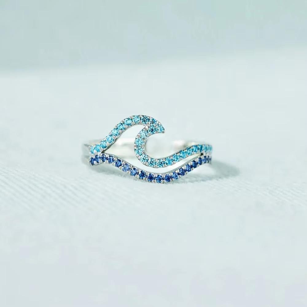 Cubic Zirconia Blue Double Wave Ring Simple Design Sea Wave Adjustable Rings Trendy Ocean Surf Jewelry Gift Wholesale