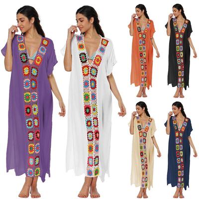 Вязаное крючком лоскутное платье с разрезом, пляжная накидка