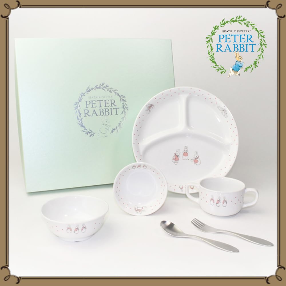 OGISO Peter Rabbit Dot Girls 4-Piece Reinforced Porcelain Dinnerware Set (Dishwasher and Microwave Safe)
