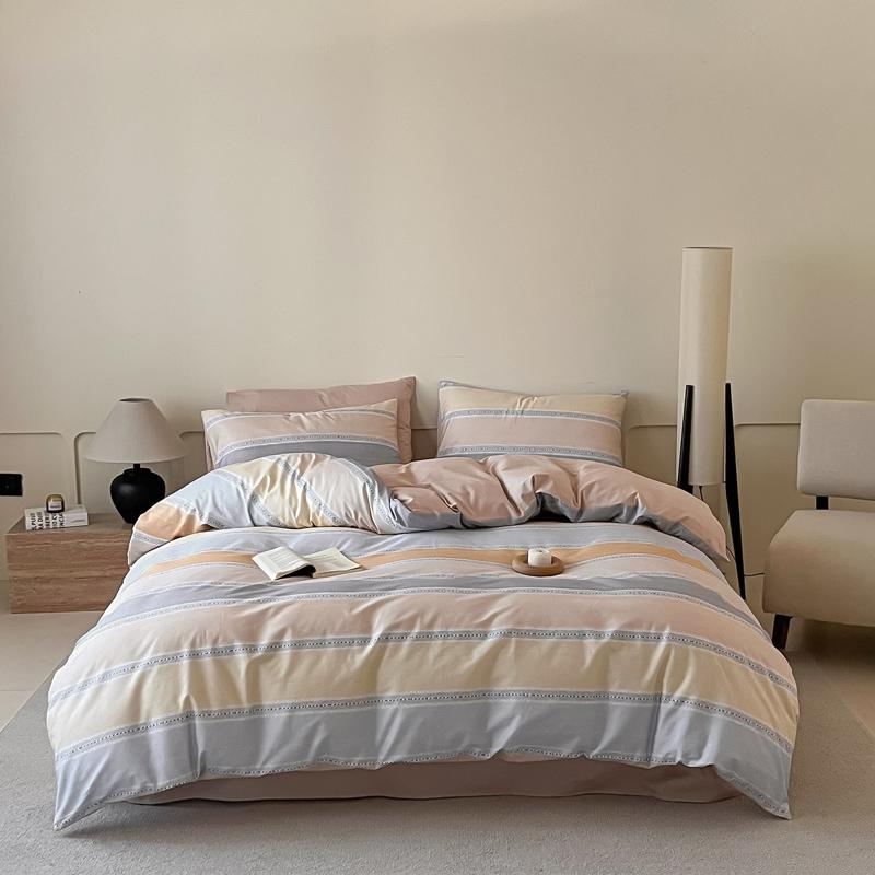 100% Cotton 3 Piece Bedding Set Soft Duvet Cover with 2 Pillowcases Solid Striped Checkered Print Skin Friendly