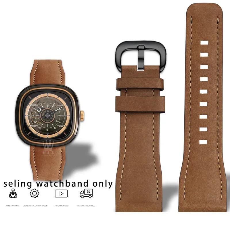Cowhide Wristband for Sevenfriday Watch T1 T2 T3 Series Watch Strap 26mm Men's Wristband Bracelet Accessories brown green strap