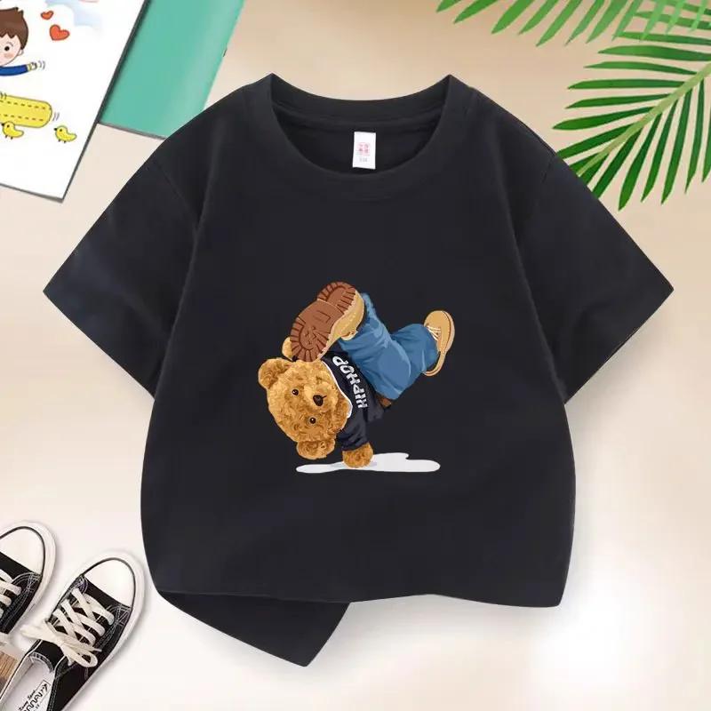 Hip Hop Dancing Bear Print Children Black T Shirt Short Sleeve Cute Streetwear Pattern Casual