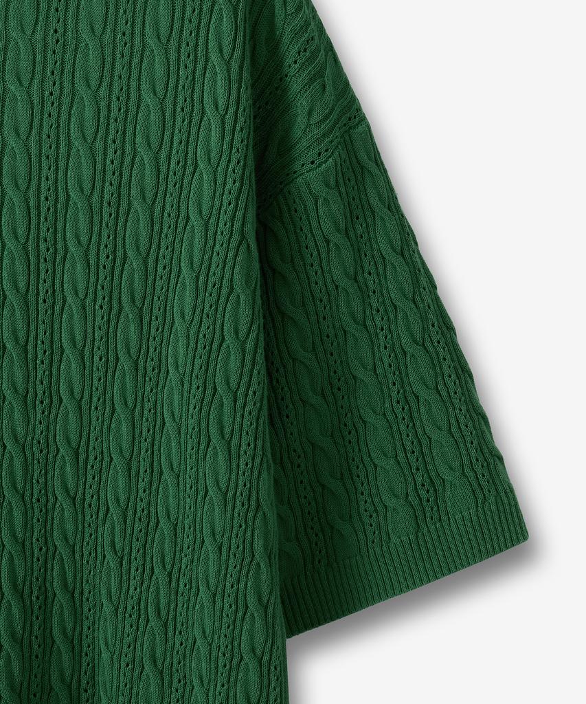BLOND9 Cable Punched Short Sleeve Round Knit_Forest Green
