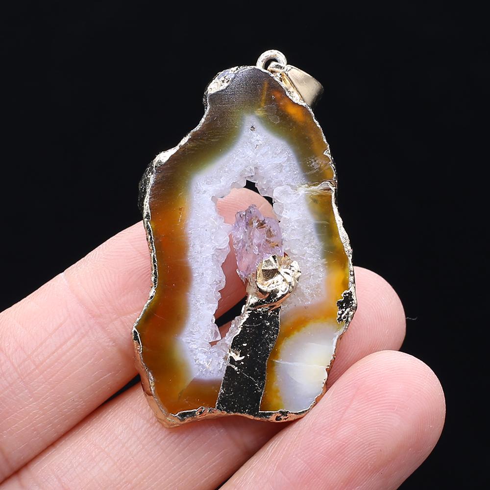 1Pc Energy Natural Agates Pendants with Amethyst, Fashion Handmade Irregular Druze Charms for Jewelry Making DIY Accessories Fit Necklaces Craft Gift