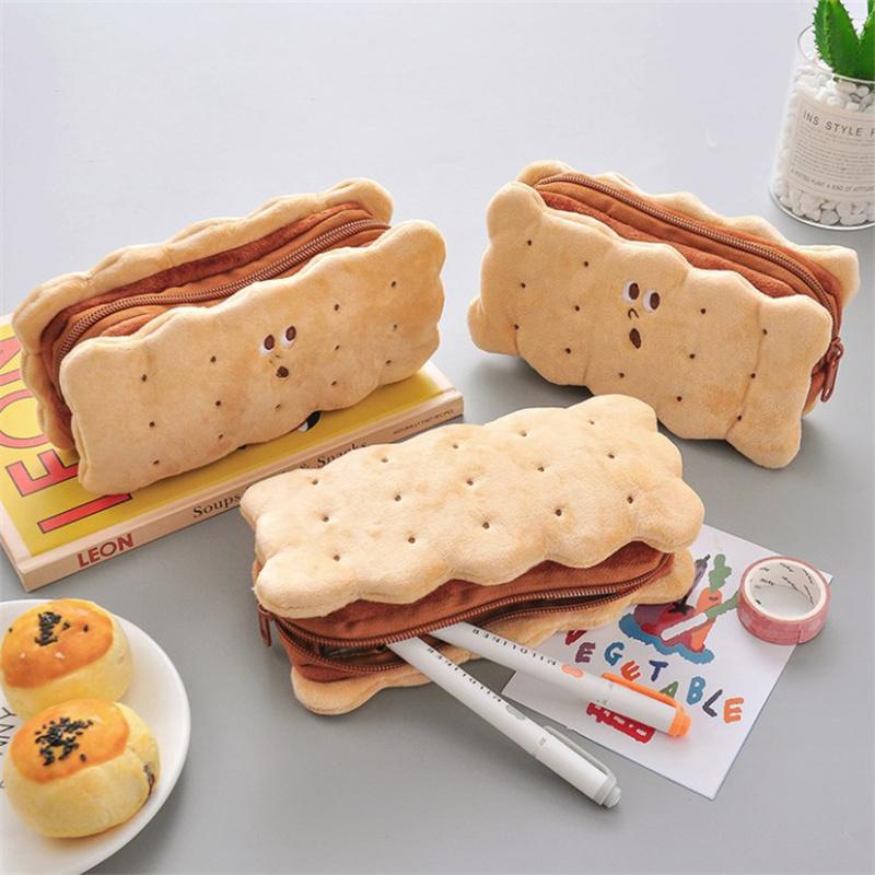 Kawaii Pencil Case High Capacity Plush Cookies Pen Bags Cute Cartoon Brown Pen Box Girls Office School Supplies Stationary