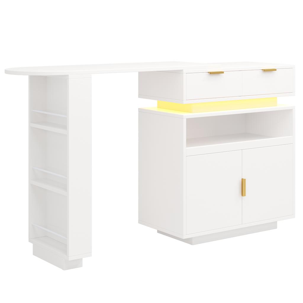Extendable Bar Table (115-183 × 40 × 99 cm), with Storage, LED Lighting, 360 degrees Rotation Function, Mobile Coffee Bar