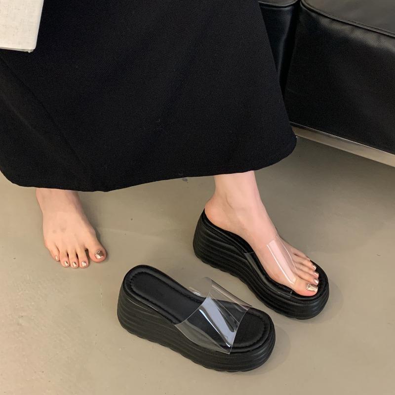 Fashion 2025 New Fashionable Summer Slippers for Women Wearing Thick Bottom Slope Heel Sandals Transparent High Heel 9cm Slippers