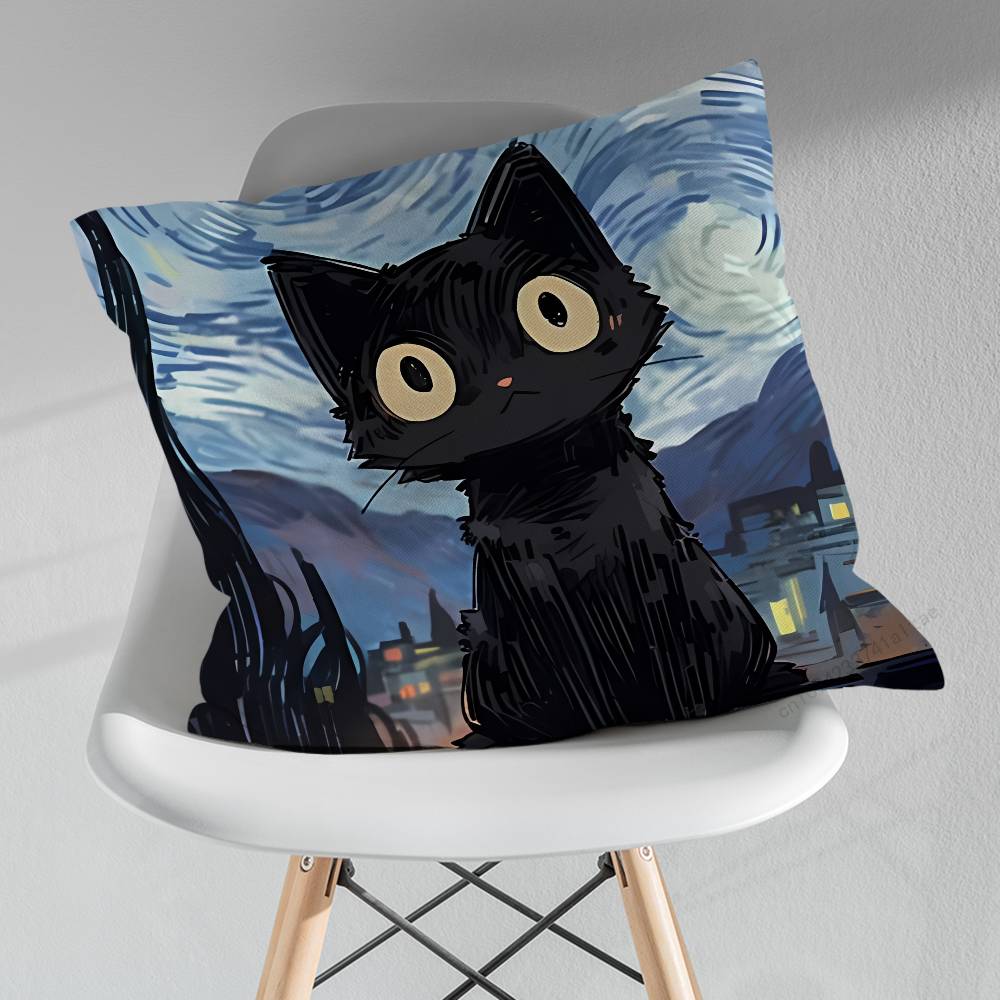 Cute Black Cat Cartoon Art Pillowcase for Sofa Room Office Decor Printing Merchandise AllMatch Cushion Cover