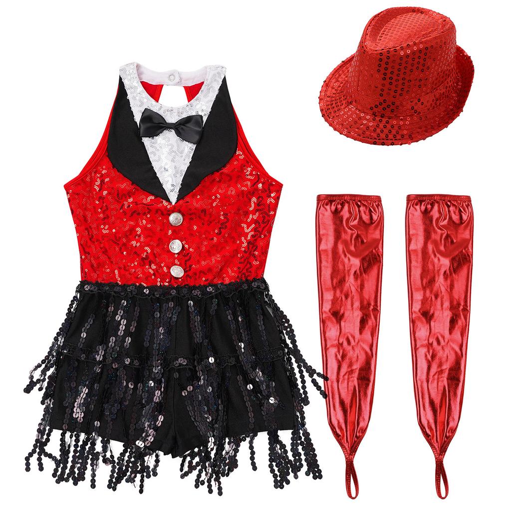 Латинский джазовый танцевальный купальник для девочек, без рукавов, с вырезом-замочной скважиной на спине, с пайетками, кисточками, металлическими перчатками и шапочкой