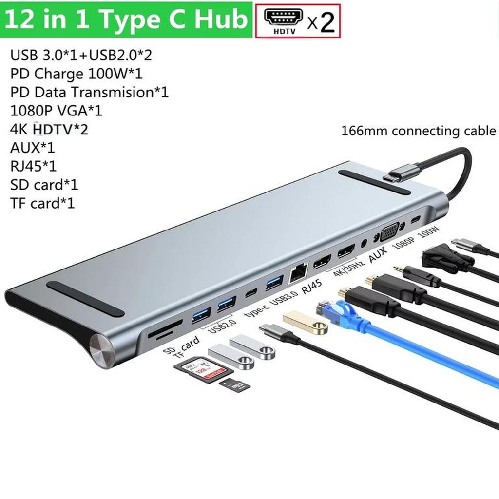 USB-C хаб Mindpure 12-в-1, док-станция MST с двумя HDMI, 100 Вт PD, RJ45, кардридер SD/TF