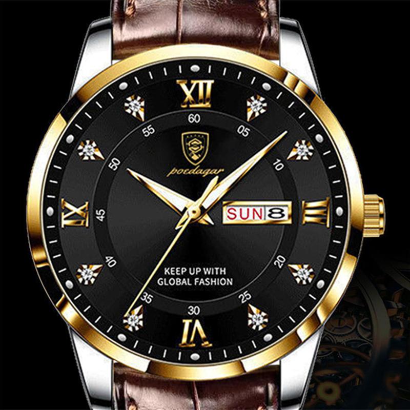 2022 Лучшие новые модные мужские часы, светящиеся водонепроницаемые тонкие часы с двойным календарем, кожаные мужские автоматические часы с бриллиантами