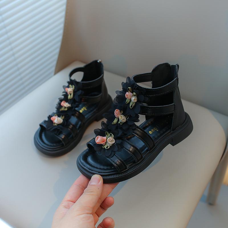 Сандалии для девочек с цветочным принтом, милые гладиаторские пляжные сандалии принцессы 2024 года, новинка лета в богемном стиле с цветами, детские сандалии на молнии, мягкие