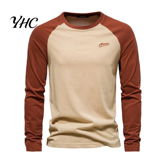 Long Sleeve Elastic Cuffs Top Men Raglan T-shirt O-Neck Patchwork Color Pullover Tops Loose Fit Breathable Casual Tees
