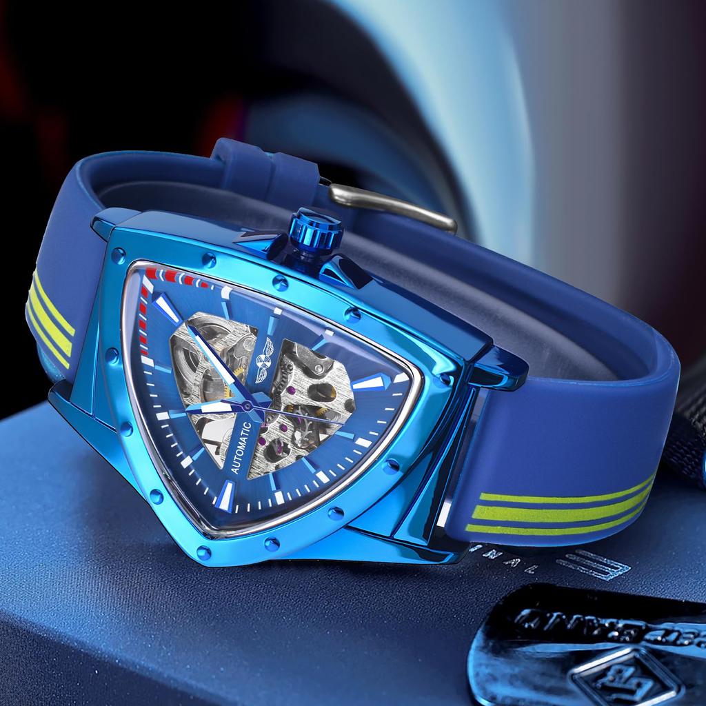 WINNER Sports Triangle Skeleton Automatic Men Watch Luminous Pointers Fashion Rubber Strap Luxury Military Mechanical Watches