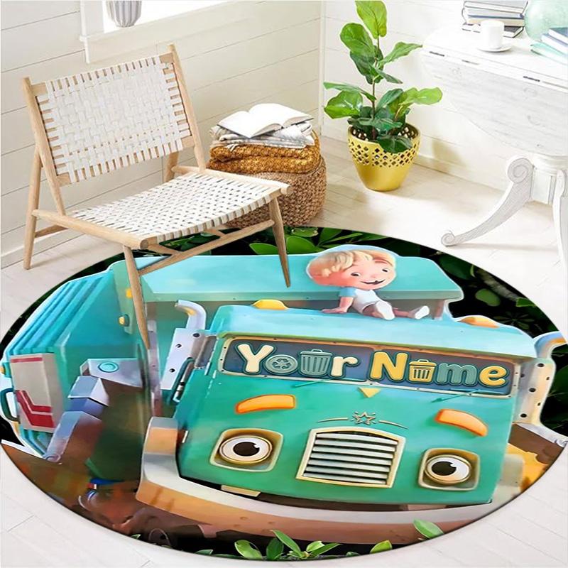 Trash Truck Adventure Custom Name Round Area Rug Carpet Rug For Living Room Bedroom Sofa Playroom Decor Nonslip Floor Mat