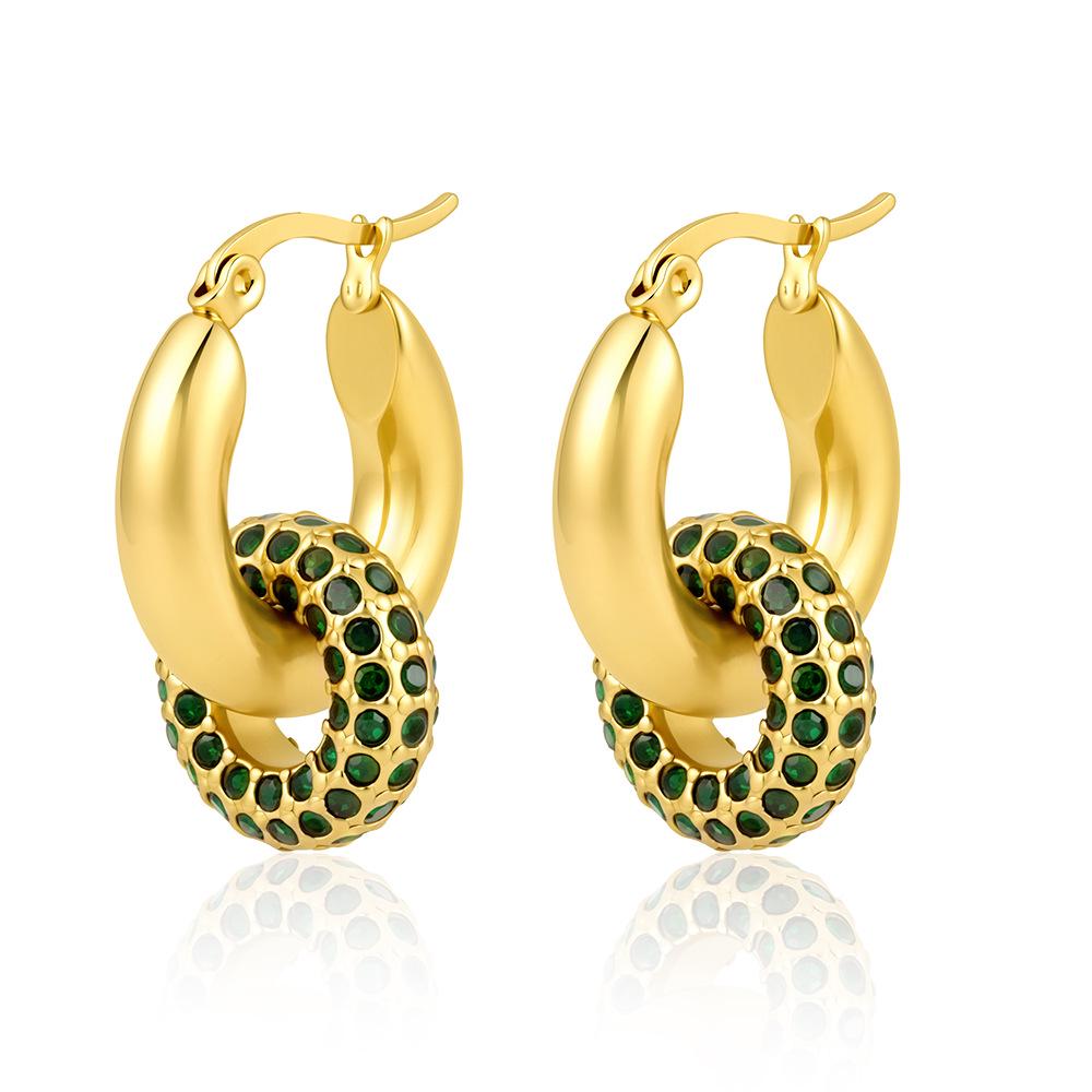 18K Gold Inlaid Zircon Double Ring Earrings - Fashionable Geometric Luxury Hoops for Women