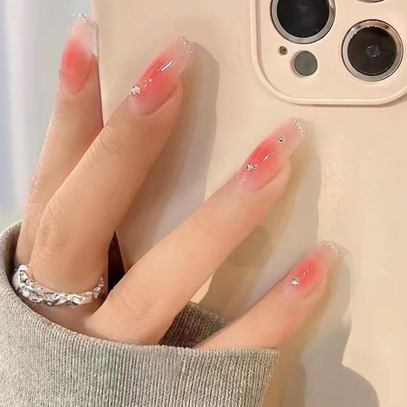 Elegant Nude Manicure: Blush Rhinestone Whitening False Nail Patches