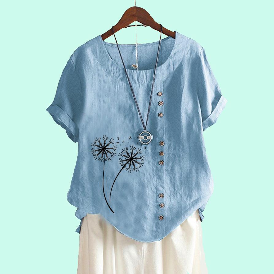 Women Casual Short Sleeved Blouse Laides Cotton Linen Top Fashion Floral Printed Loose T-shirt