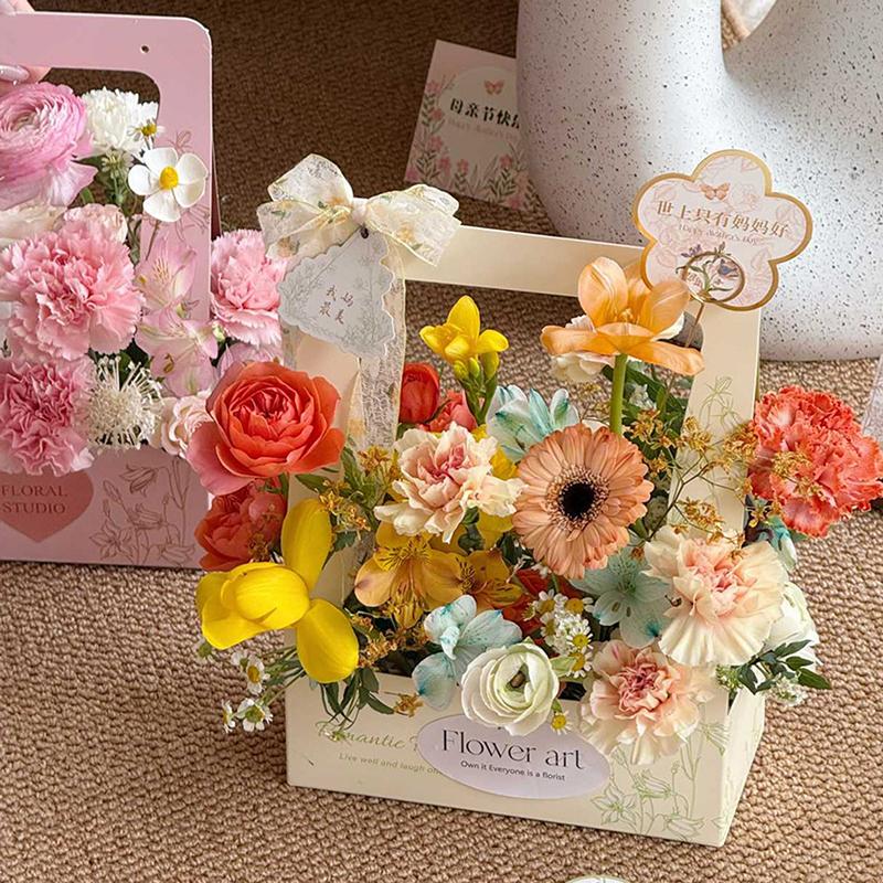 Coffee Flower Cake Dessert Packaging Box Portable Flower Gift Bag Kraft Paper Holder Photo Favor Drink Carrier With Handle
