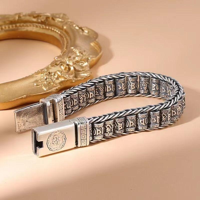 Браслет-мантра из шести символов паспарту для мужчин, нишевый дизайн, ручная работа, креативный ретро-серебряный легкий роскошный браслет для женщин