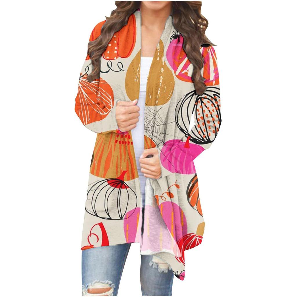 Женская модная повседневная куртка-кардиган средней длины с длинным рукавом и принтом на Хэллоуин