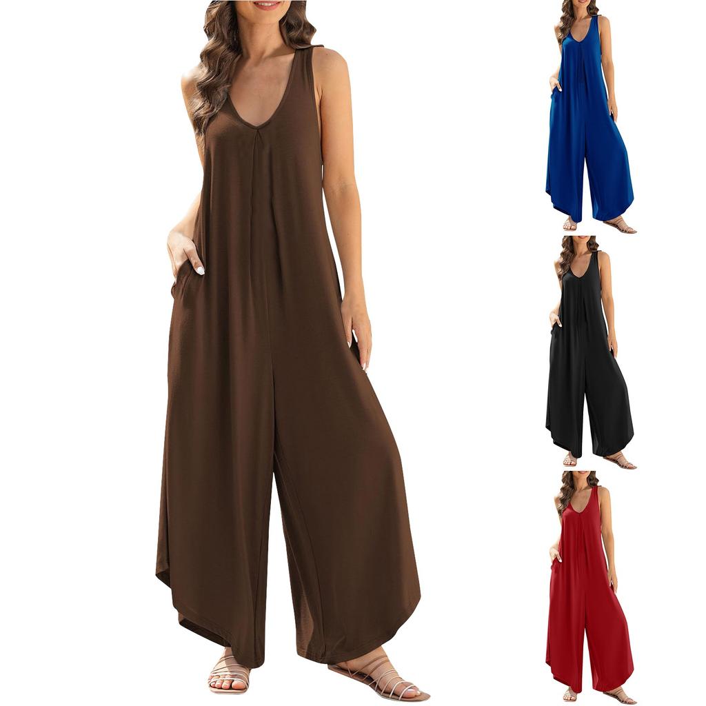 Womens Overall Jumpsuits Summer Sleeveless Ruched V Neck Flared Wide Leg Pants Rompers With Pockets