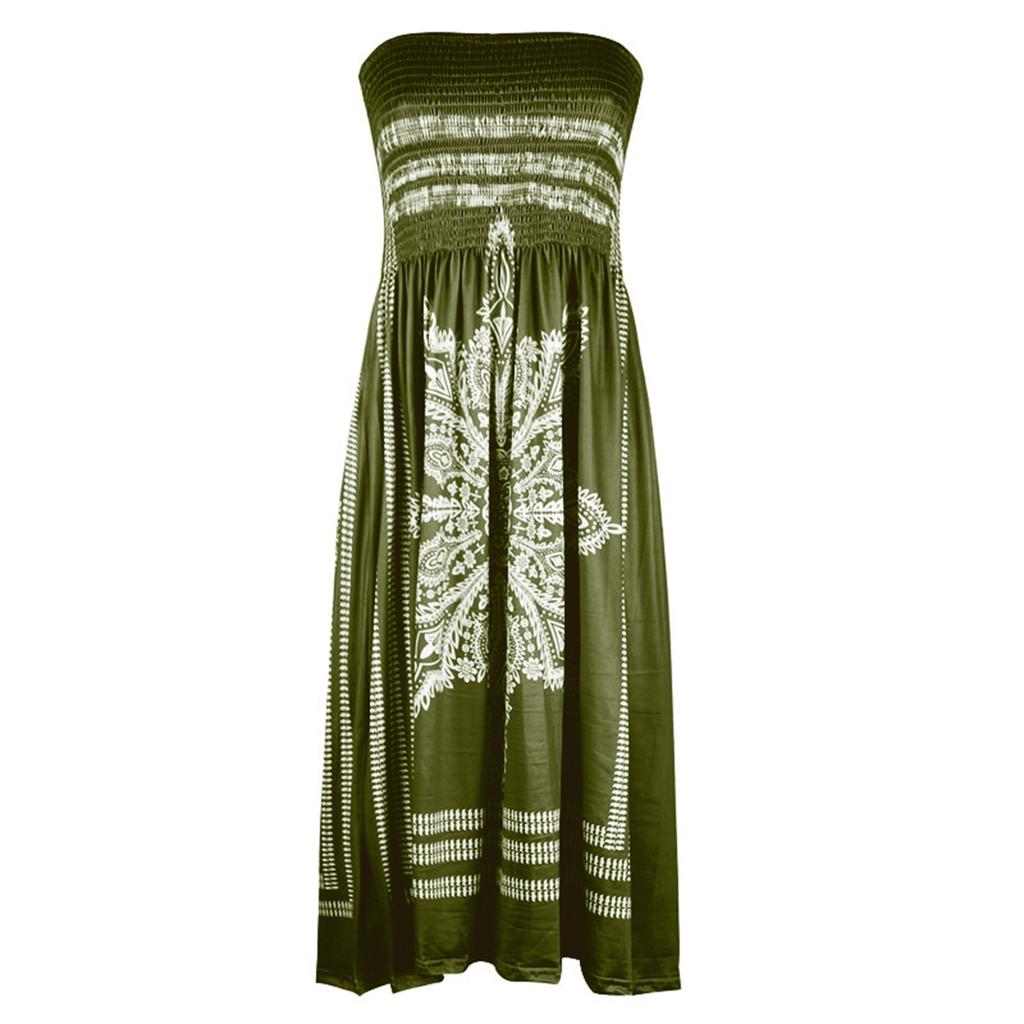 Женское летнее сексуальное пляжное платье без бретелек без рукавов с принтом в стиле бохо и рюшами