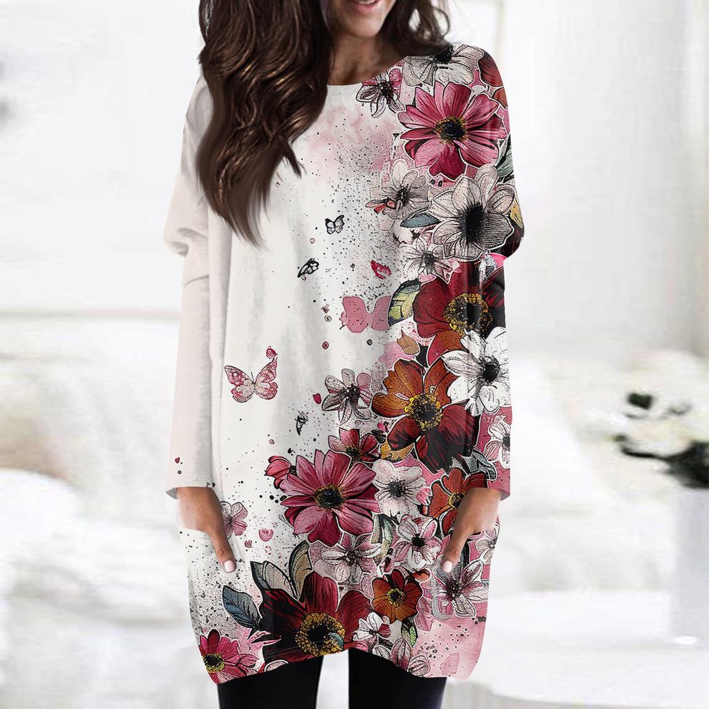 Women's Fashion Casual Long Sleeve Print Round Neck Double Pocket T-Shirt Top