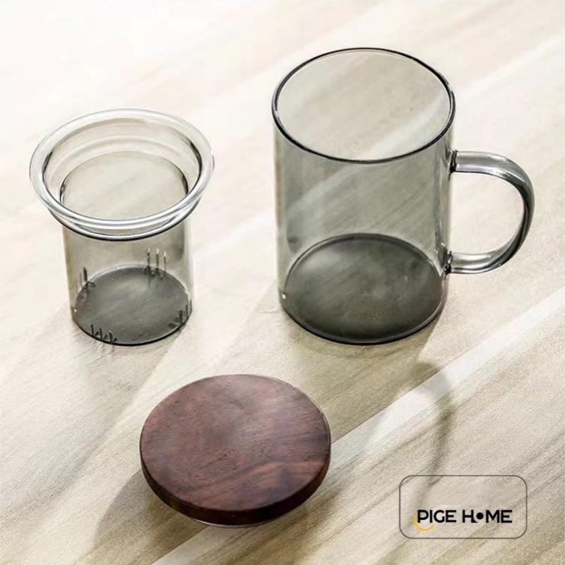 PIGE HOME 400 мл Чашка-фильтр Жаропрочная стеклянная чайная чашка с фильтром и деревянной крышкой Ручка с защитой от ожогов Стеклянная чашка Чашка для питья