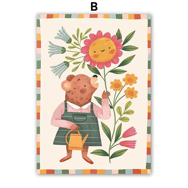 Colorful Bear Rabbit Cat Mouse Flower Leaf Abstract Animal Posters Prints Wall Art Canvas Painting Pictures Baby Kids Room Decor
