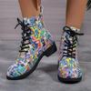 Autumn New Chunky Single Boots Women's Fashion Round Head Printed Front Lace-up Anti-slip Wear-resistant Short Boots