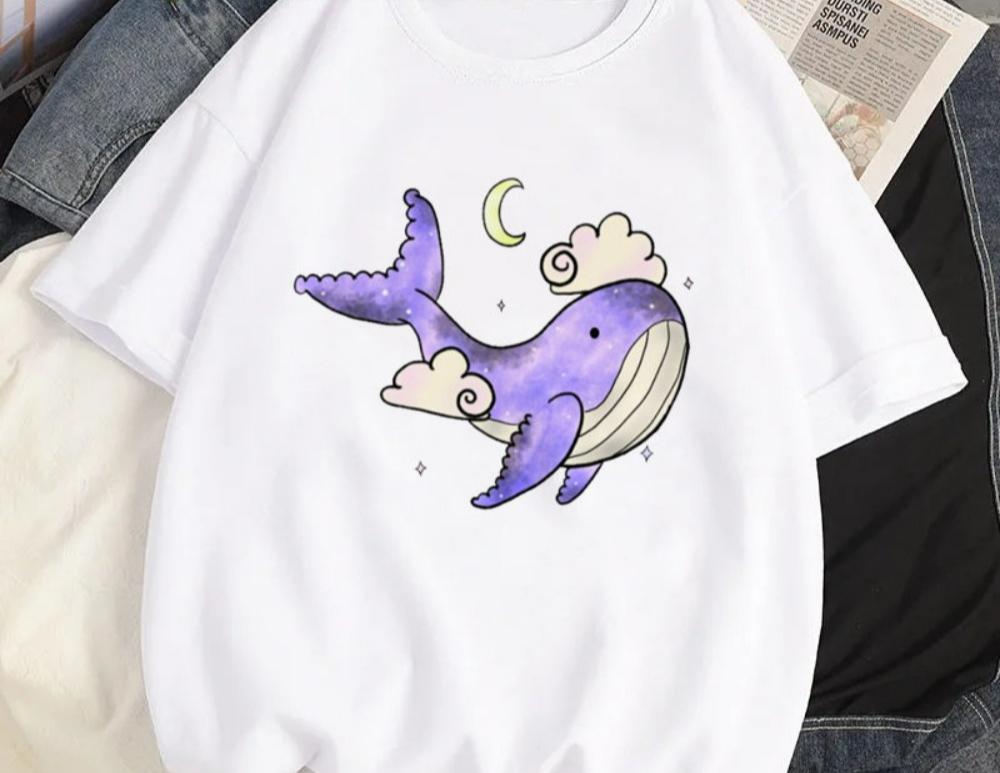 Women Y2K Fashion T Shirt Casual Loose Fit Tee with Cute Cartoon Whale Graphic Harajuku Style Top Daily Streetwear Oversized
