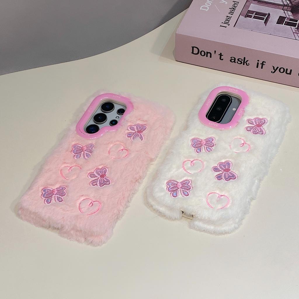3D Plush Bow Love Fashion Phone Case For Galaxy S25 24 23 22 21 20 10 Ultra Plus S9 A23 06 26 35 36 A53 A54 A55 A56 Note 10 9 8 Case Girl Cute Winter